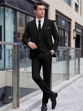 Men's Black Three-Piece Suit with Modern Tailored Cut